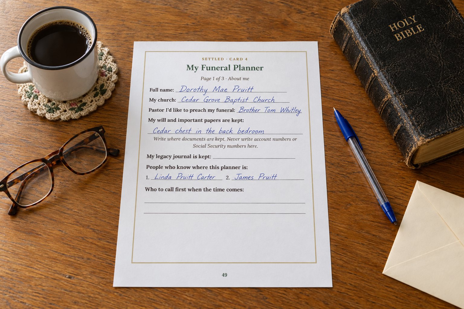 The funeral planner printed on a kitchen table